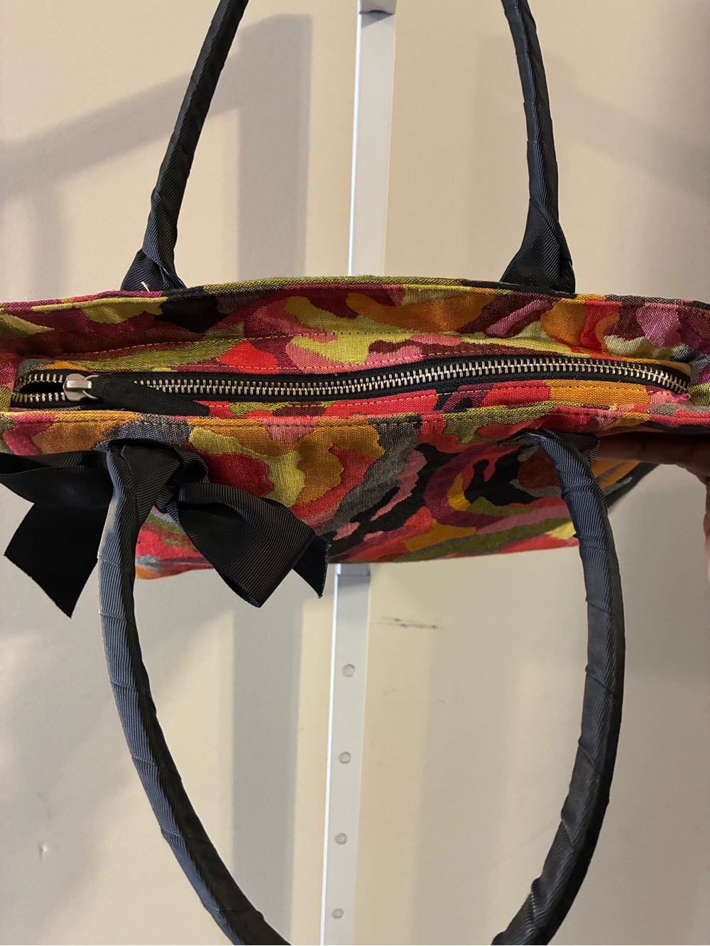 Talbots Floral Multicolor Canvas Tote Bag with Black Bow Like New - Picture 5 of 7